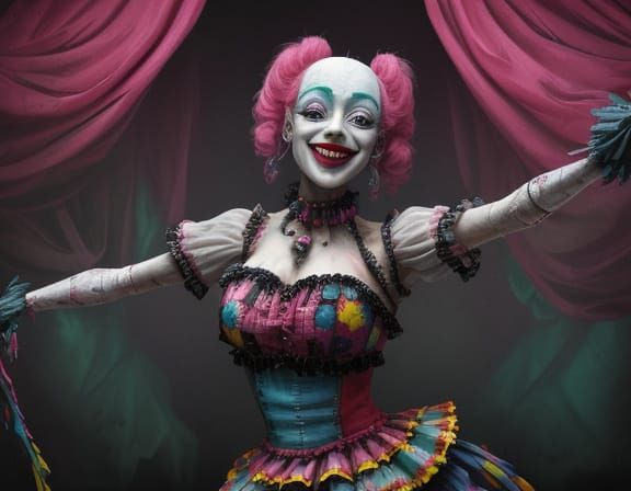 Creepy Clown Dances in Desolate Carnival, Oil Painting