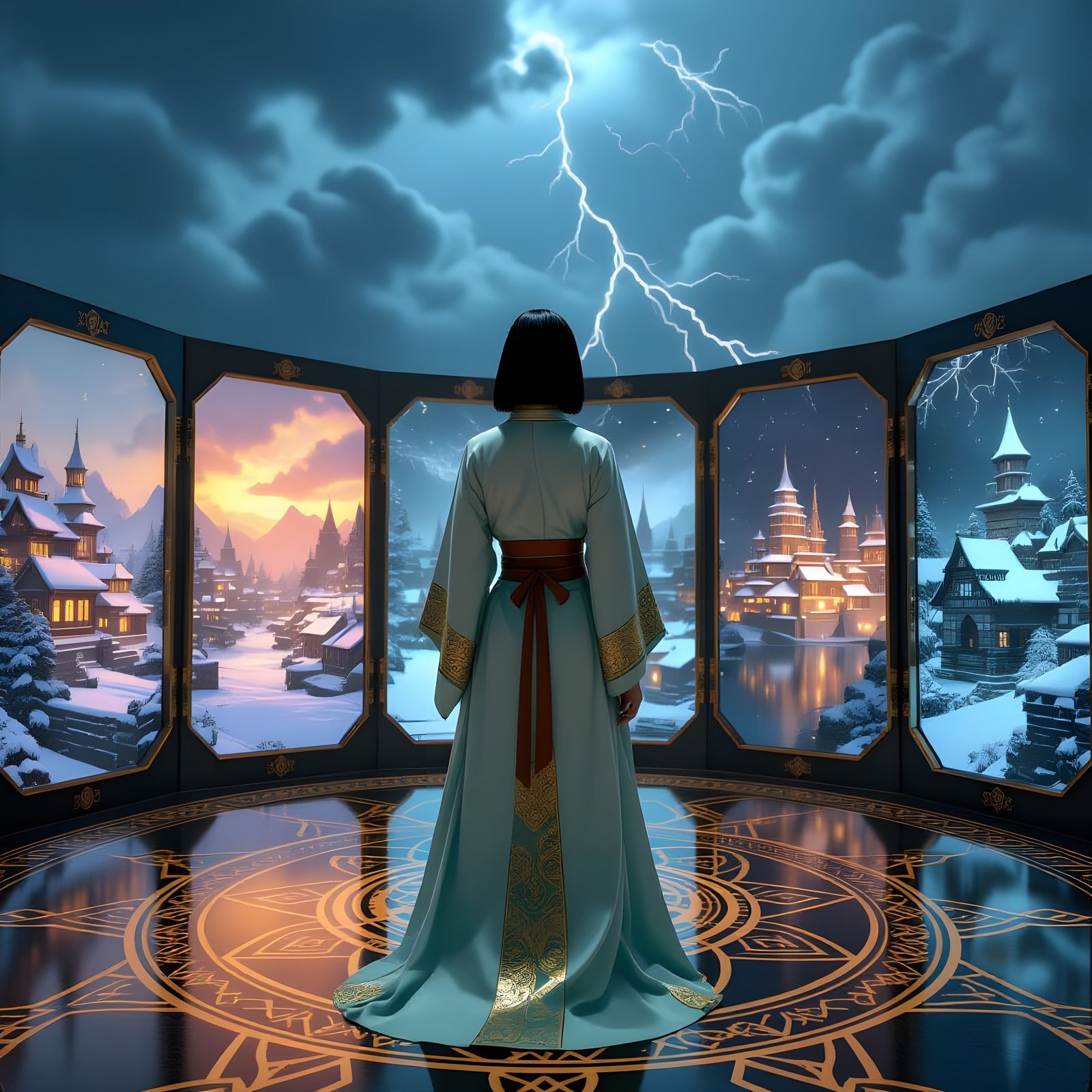 Mystical Guardian Amidst Mirrored Cityscapes and Seasons