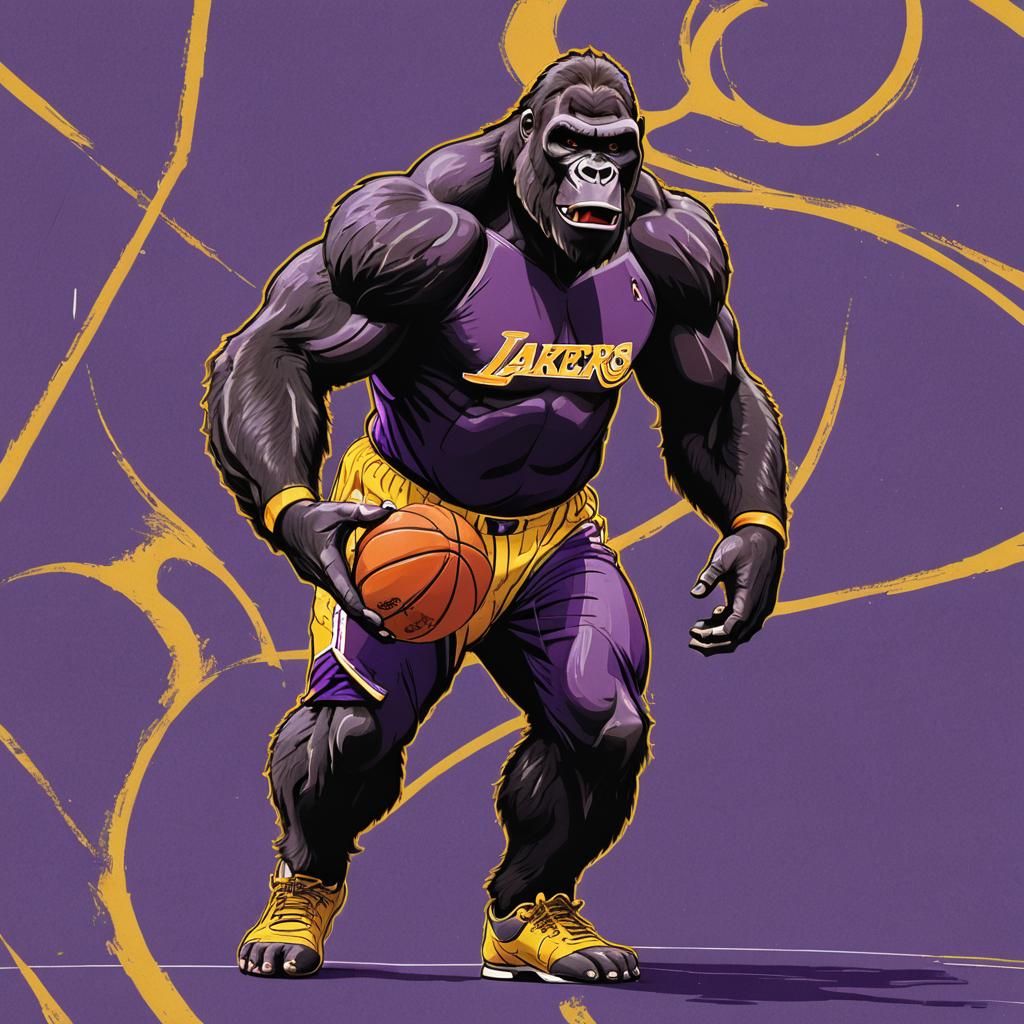 King Kong Dribbling Basketball in Lakers Uniform
