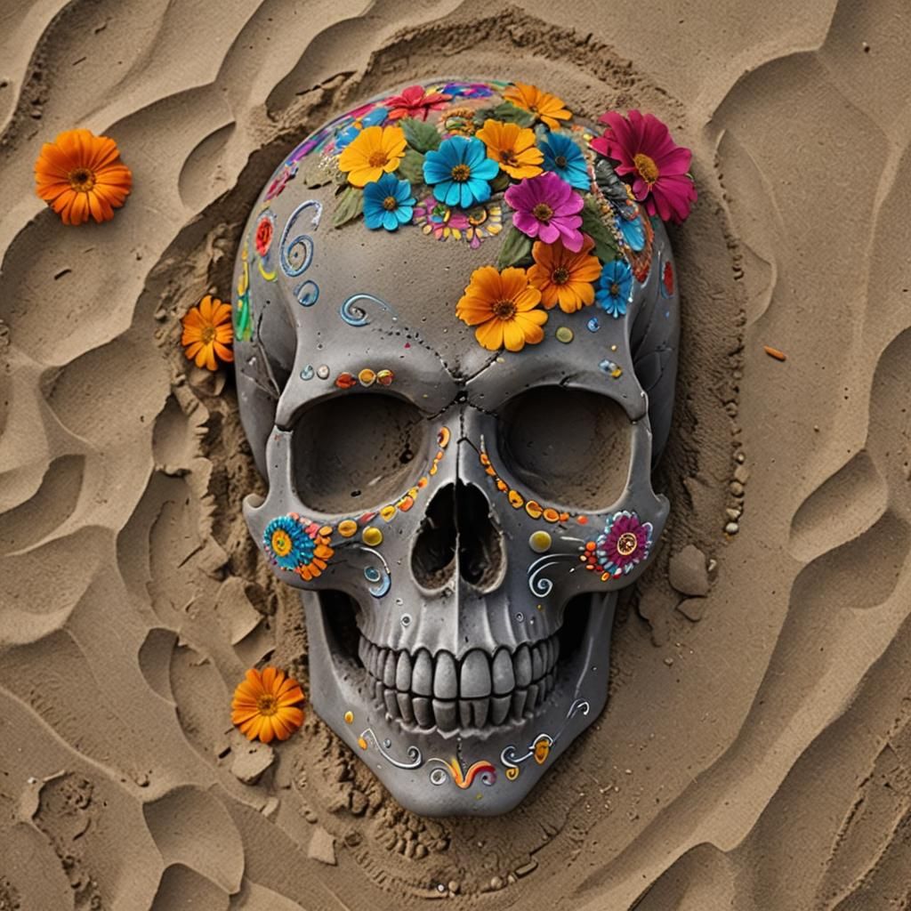 Sugar Skull Embedded in Dark Sand