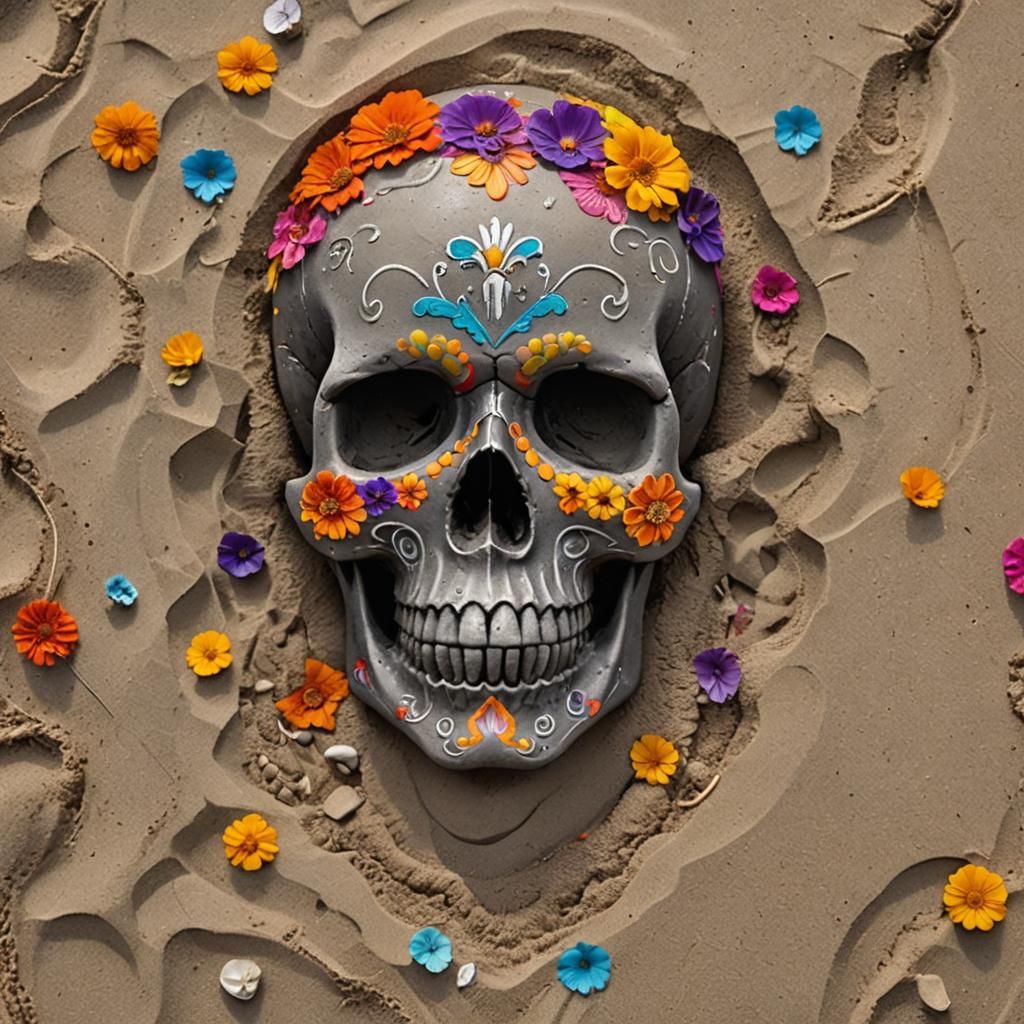 Sugar Skull in Sand With Marigolds