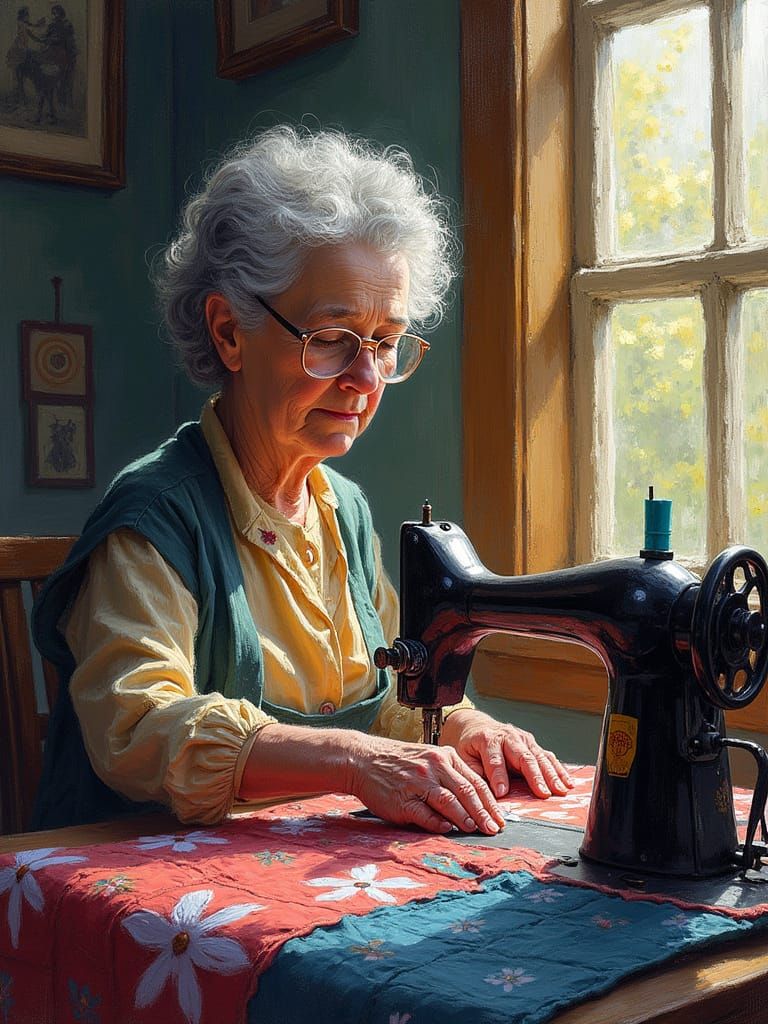 Impasto style painting of a a short plump old lady with roun...