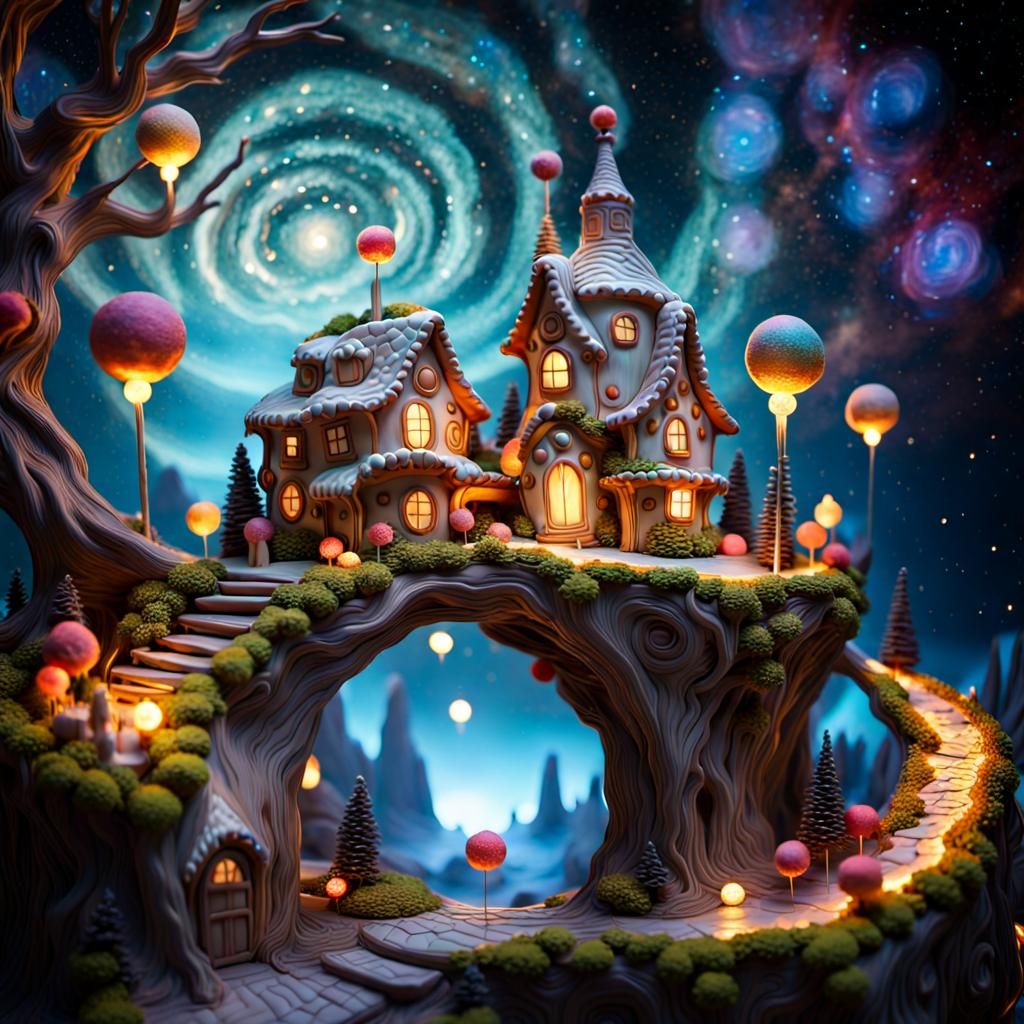 Intricate Cake Village with Starry Nebula