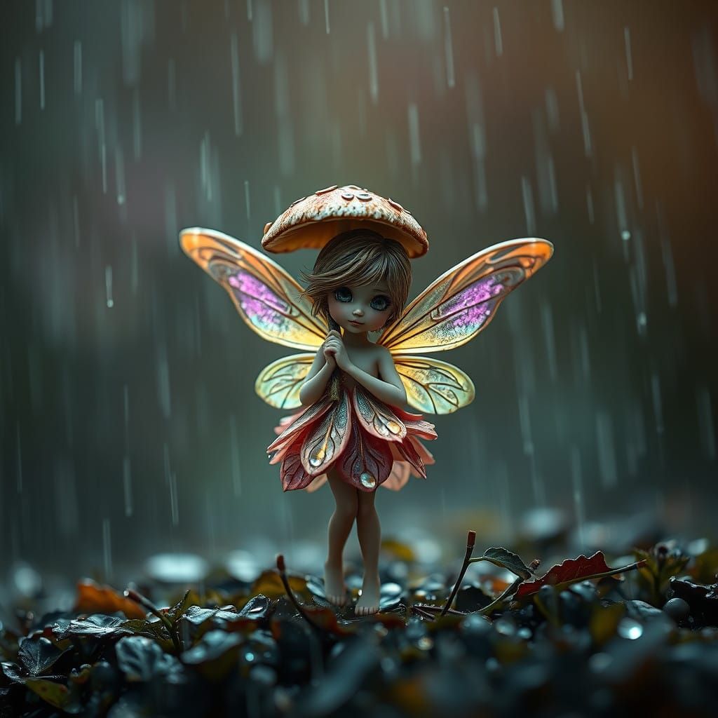 Tiny Fairy Grasping Mushroom Umbrella in Hyperrealistic Rain...