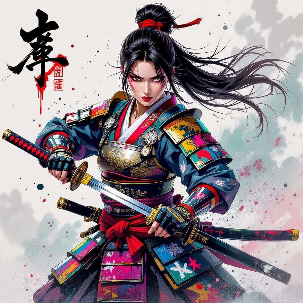 Formidable Female Samurai Warrior in Vibrant Anime Style