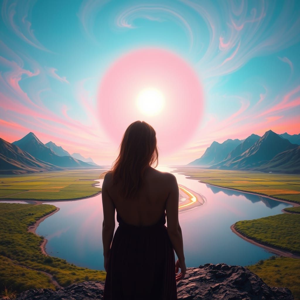 Serene Woman at River Horizon, Ethereal Sunset