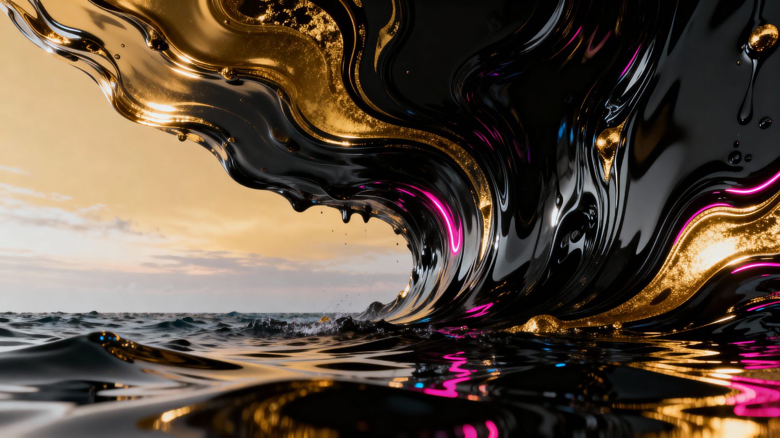 Surreal Oil Sea with Flowing Neon Colors and Gold Sky