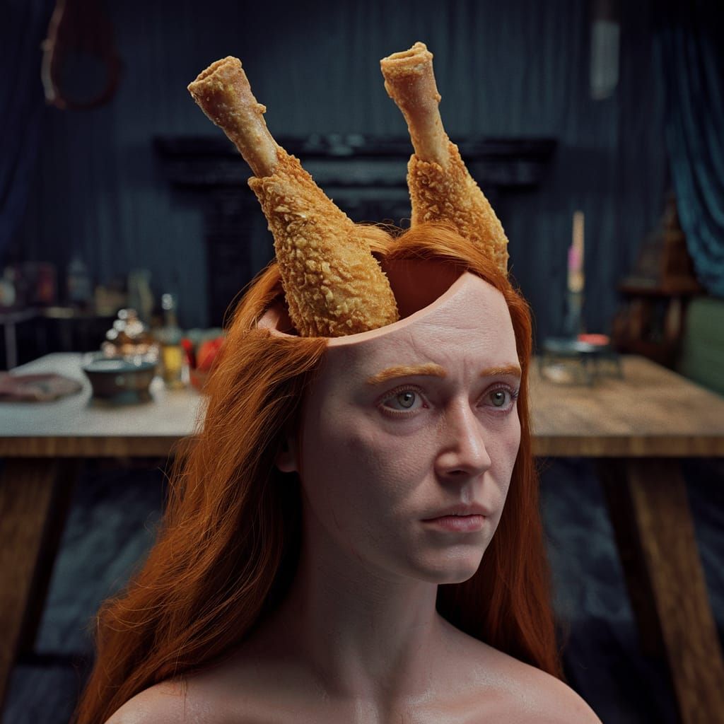 Surreal Cross-Section: Woman's Head with Chicken Legs