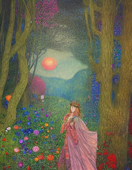 Sunset-Hybrid Woman in Magical Forest, Elegant Digital Art