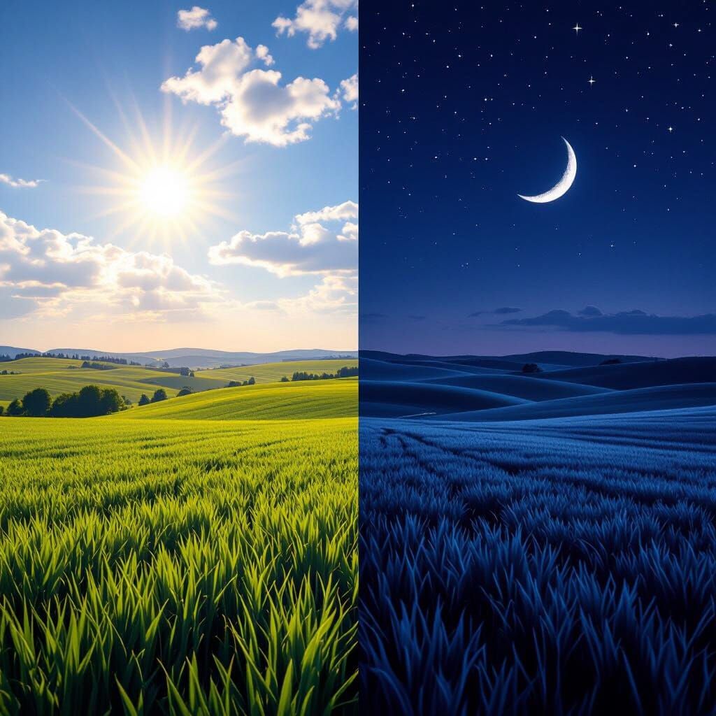 Day and Night Landscape Split: Sunlit Fields vs. Moonlit Ser...