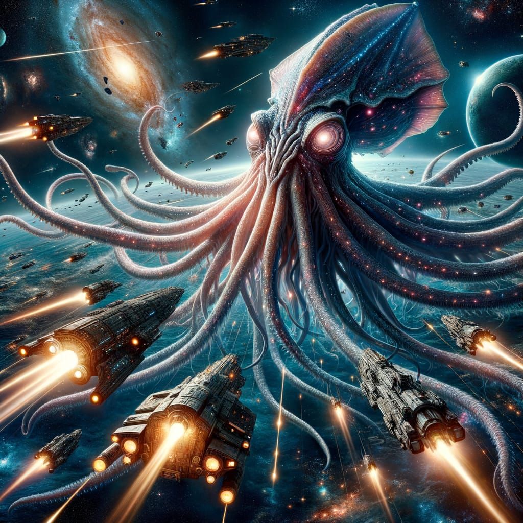 Cosmic Kraken Battles Spaceships in Interstellar Space