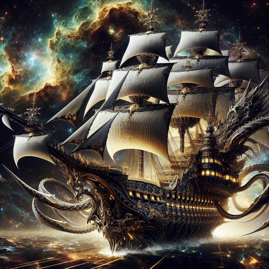 Galleon Battles Space Monster in the Cosmos