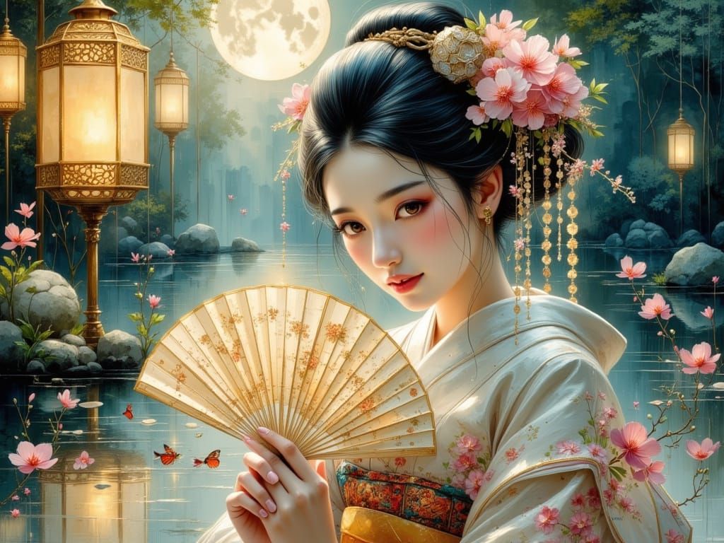 Elegant Geisha in Moonlit Garden, Pastel Art