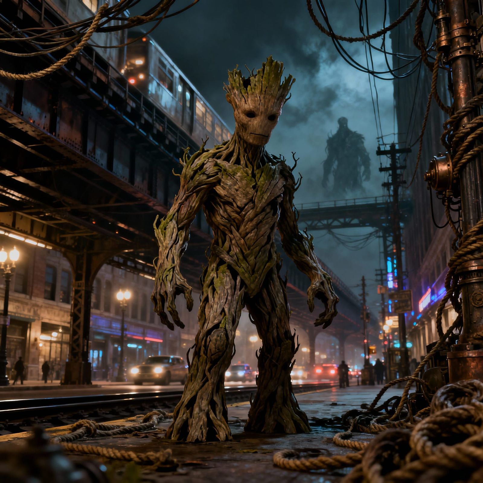 Groot, the sentient tree-like creature, stands sentinel in a dimly lit, street of downtown Chicago. Twisted wires and gn...