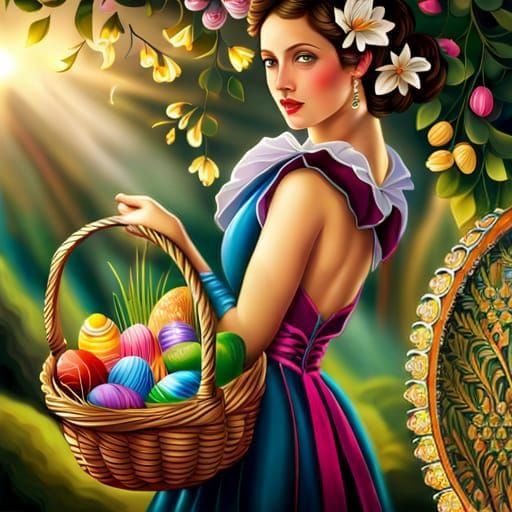 Girl with Easter Basket in Paradise Garden: Art Deco Style