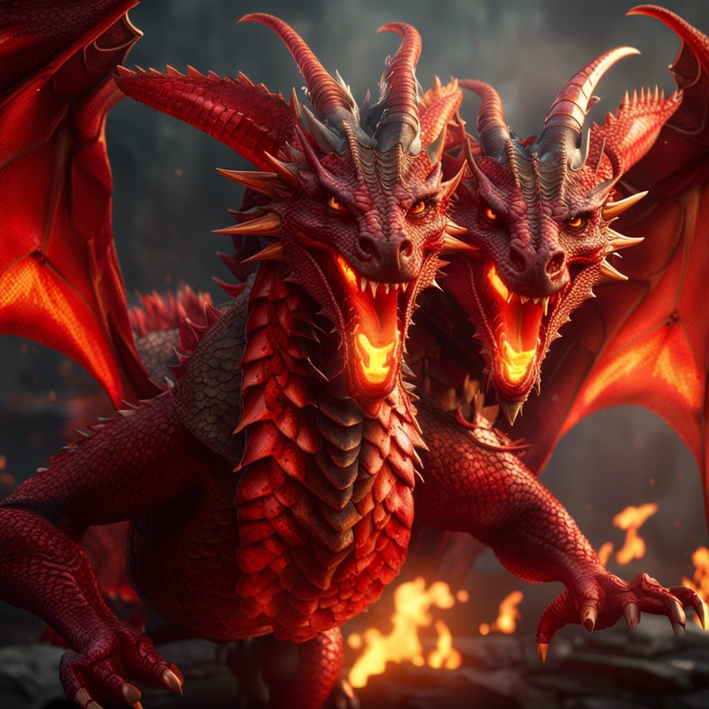 Two-Headed Red Dragon Breathing Fire: 3D Cinematic Graphics