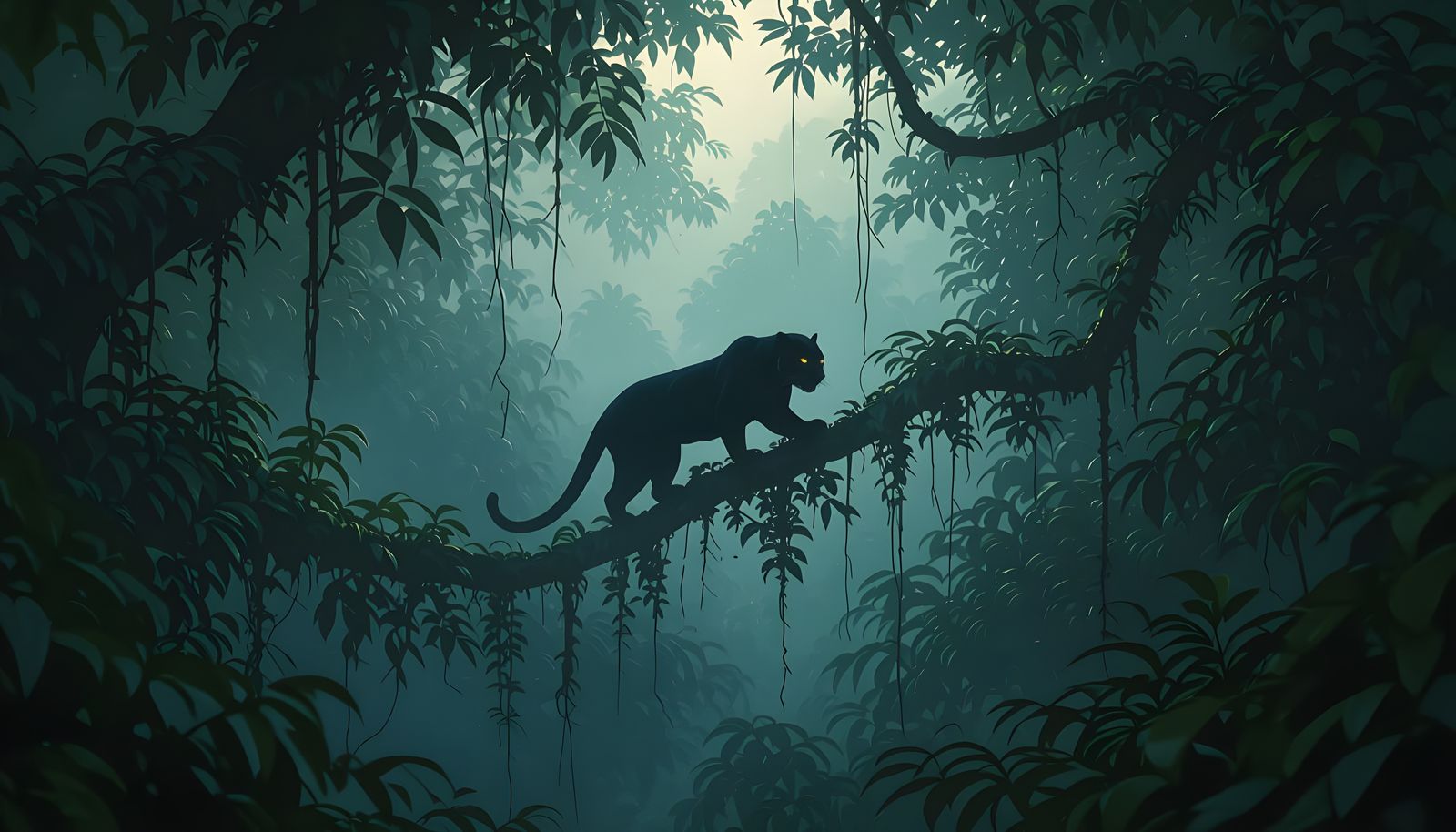 Majestic Black Panther Climbs Through Foggy Jungle