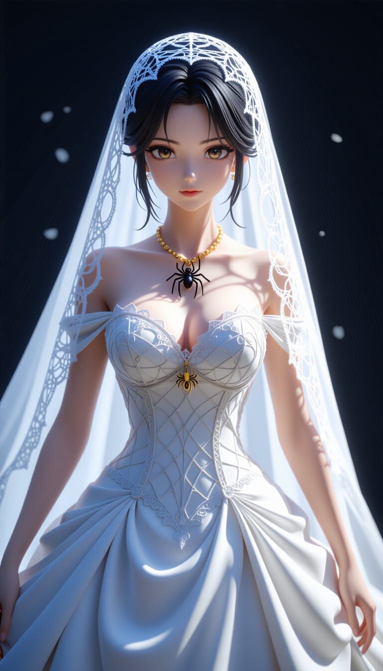 Spiderweb Bridal Dress with Golden Spider Necklace