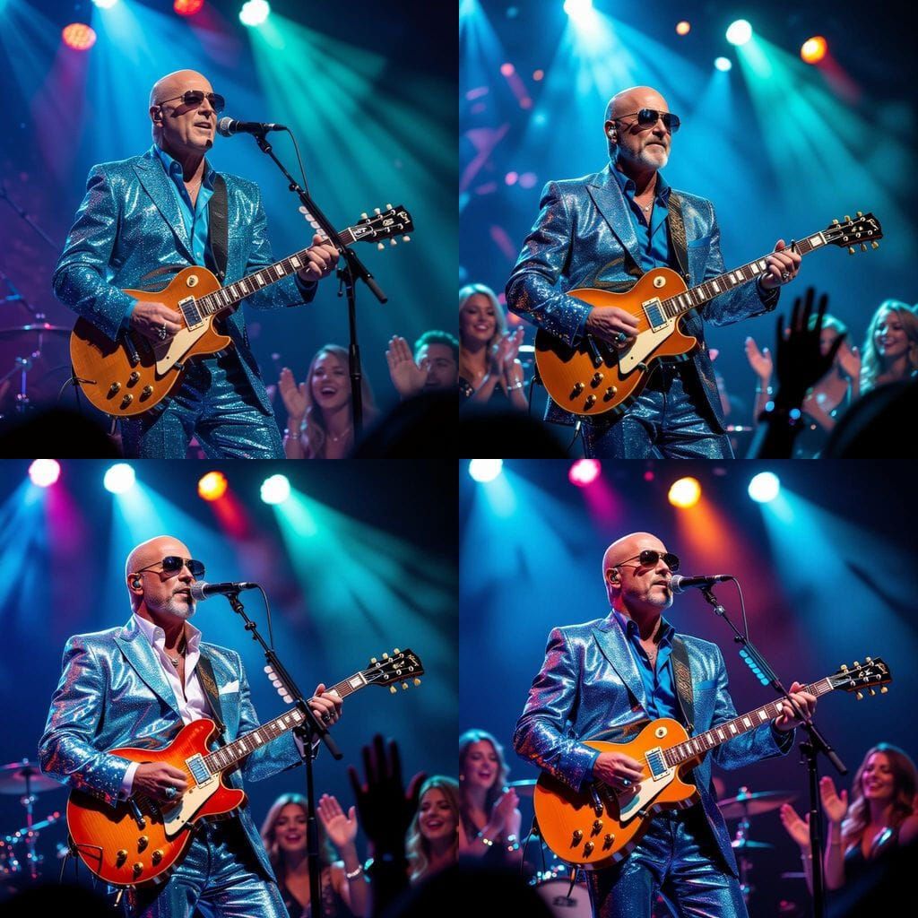 Charismatic Rockstar Takes Centre Stage in Shimmering Blue S...