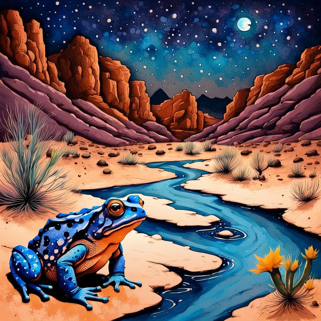 Desert Toads in Starry Canyon, Ink Splatter Art
