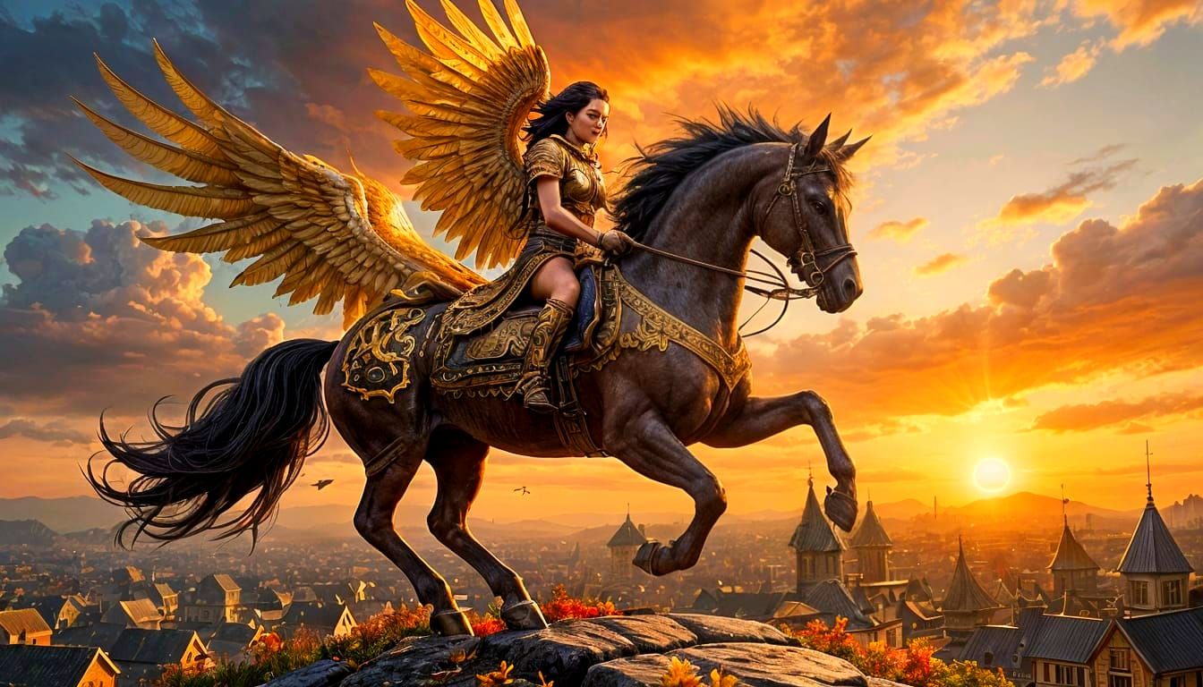 Winged Horse and Rider at Sunset: Fantasy Art