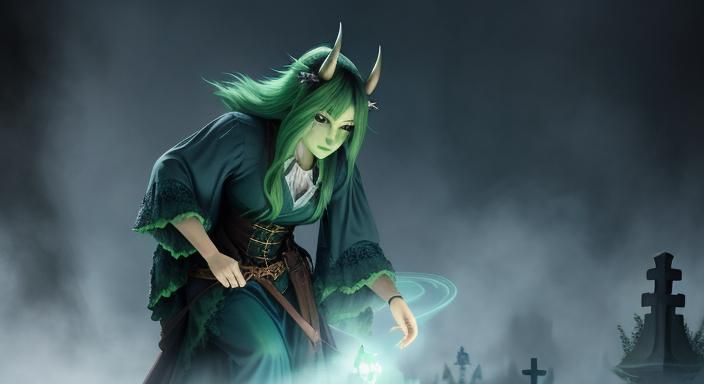 Ethereal Ink Painting of Bigfoot and Witch Playing