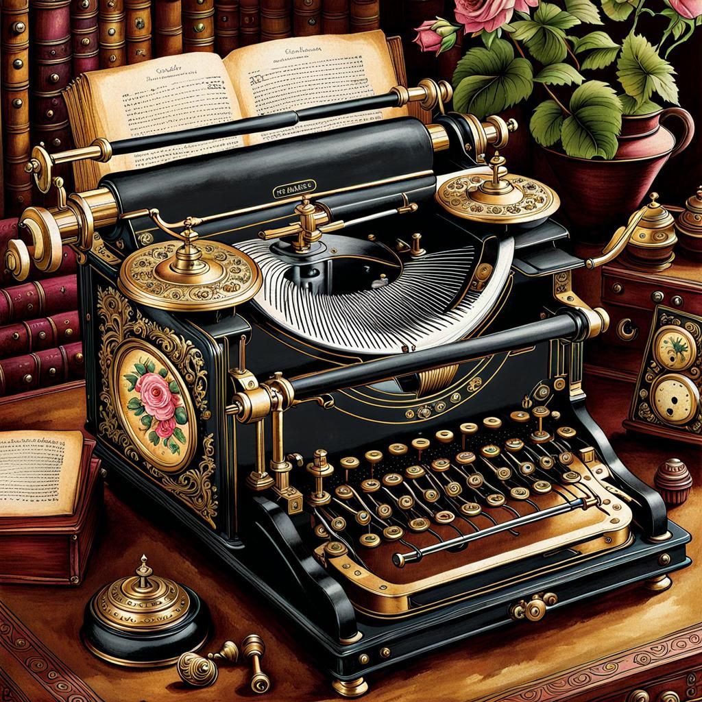 Vintage Steampunk Typewriter on Parchment in Watercolor Styl...