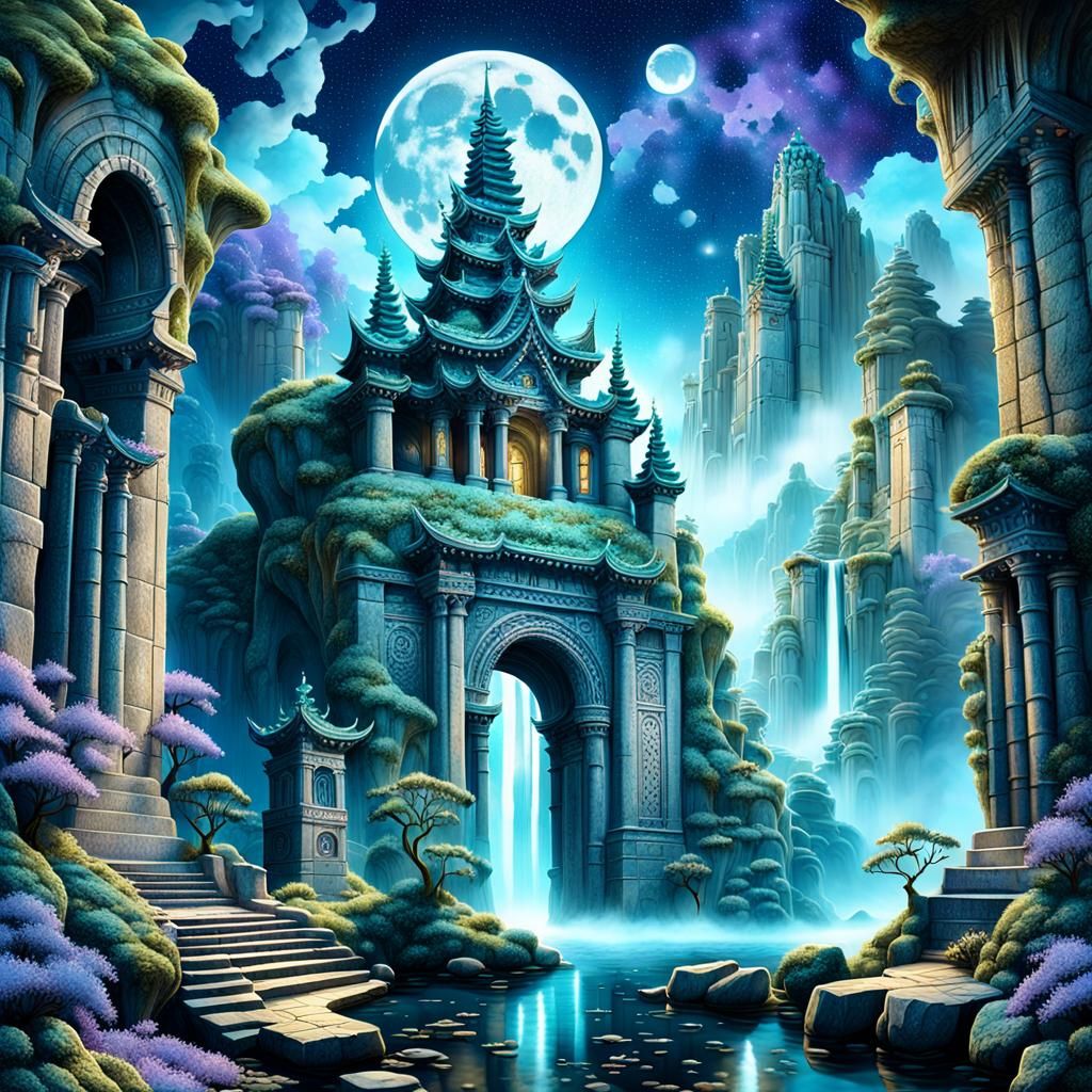 Moonlit Cliffside Temple in Fantasy Landscape