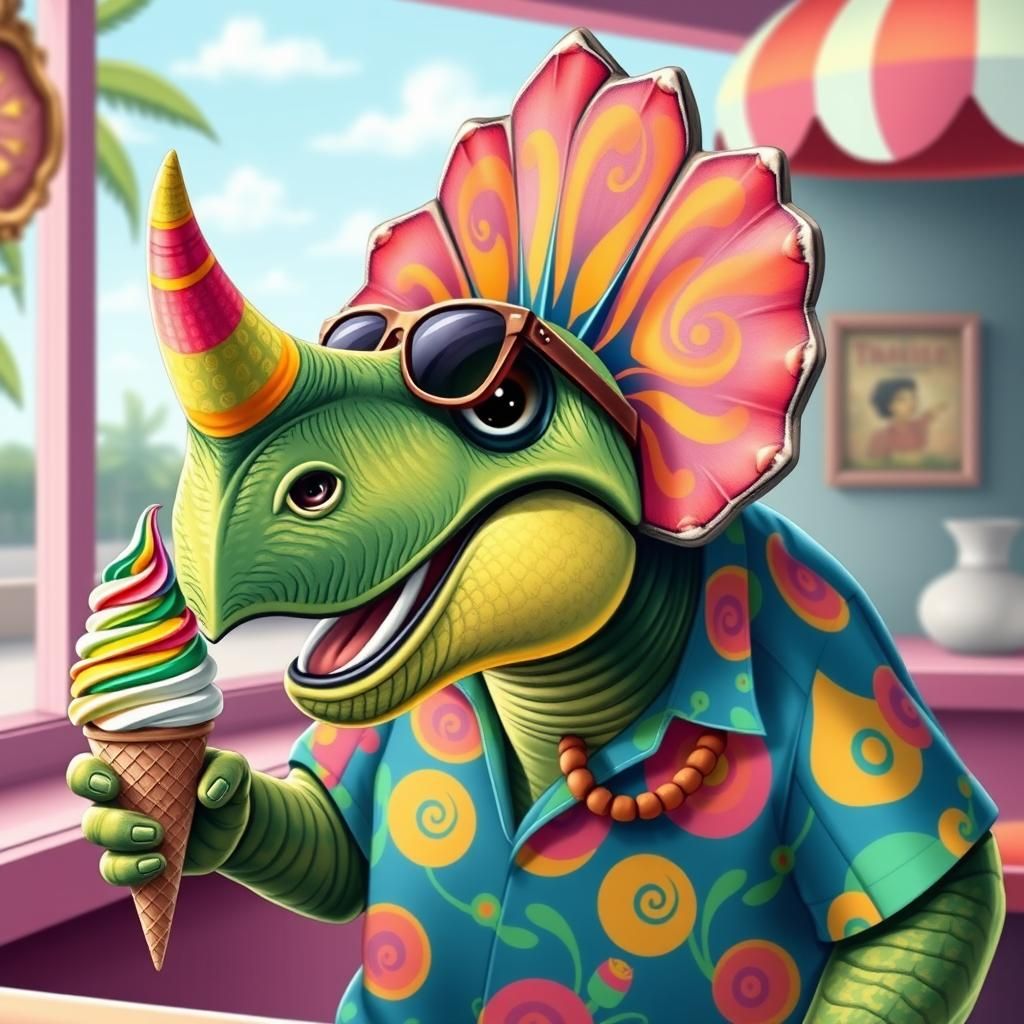 Triceratops with Ice Cream Horn in Whimsical Scene
