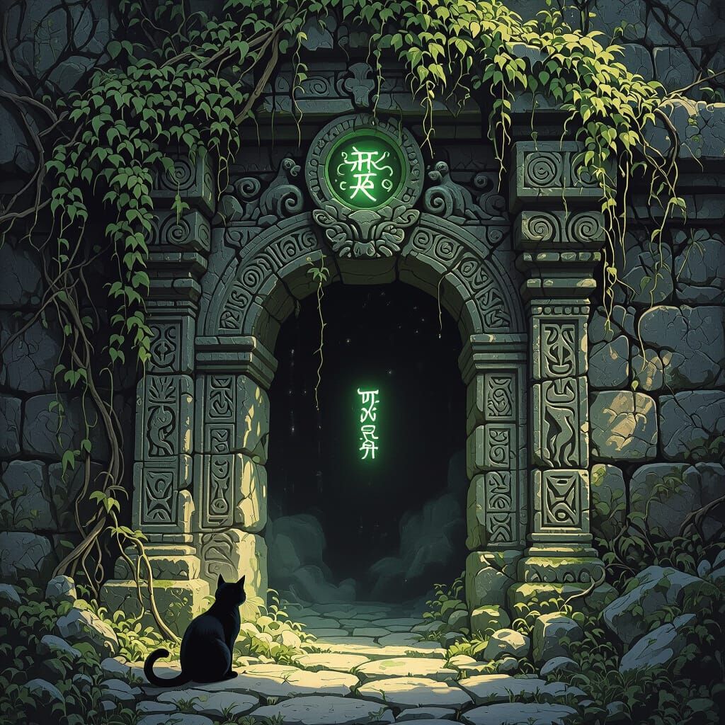 Dark Fantasy Cat Temple Entrance with Glowing Runes