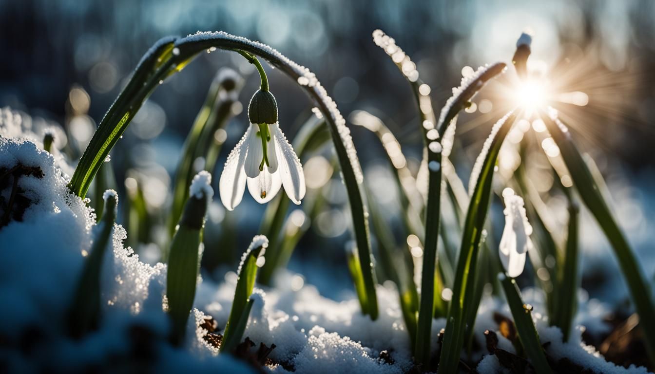 Snowdrops Bloom Under Melting Snow in Macro