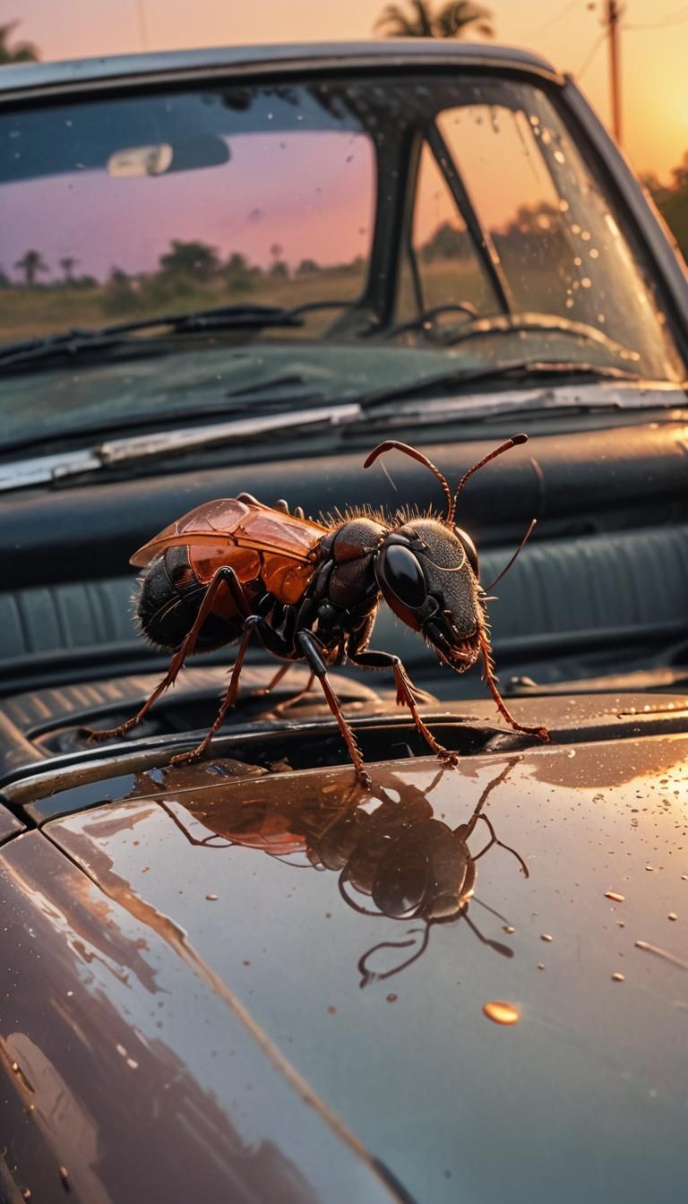 Cute Ant Adorns Thar Car in Vibrant Sunset Hues