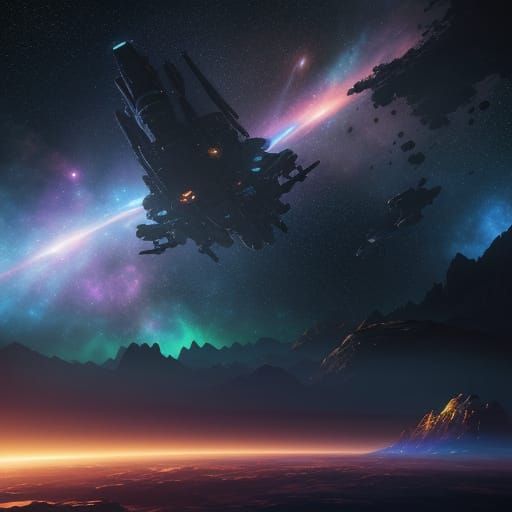 Cinematic Spaceship Gliding Through Starry Nebula