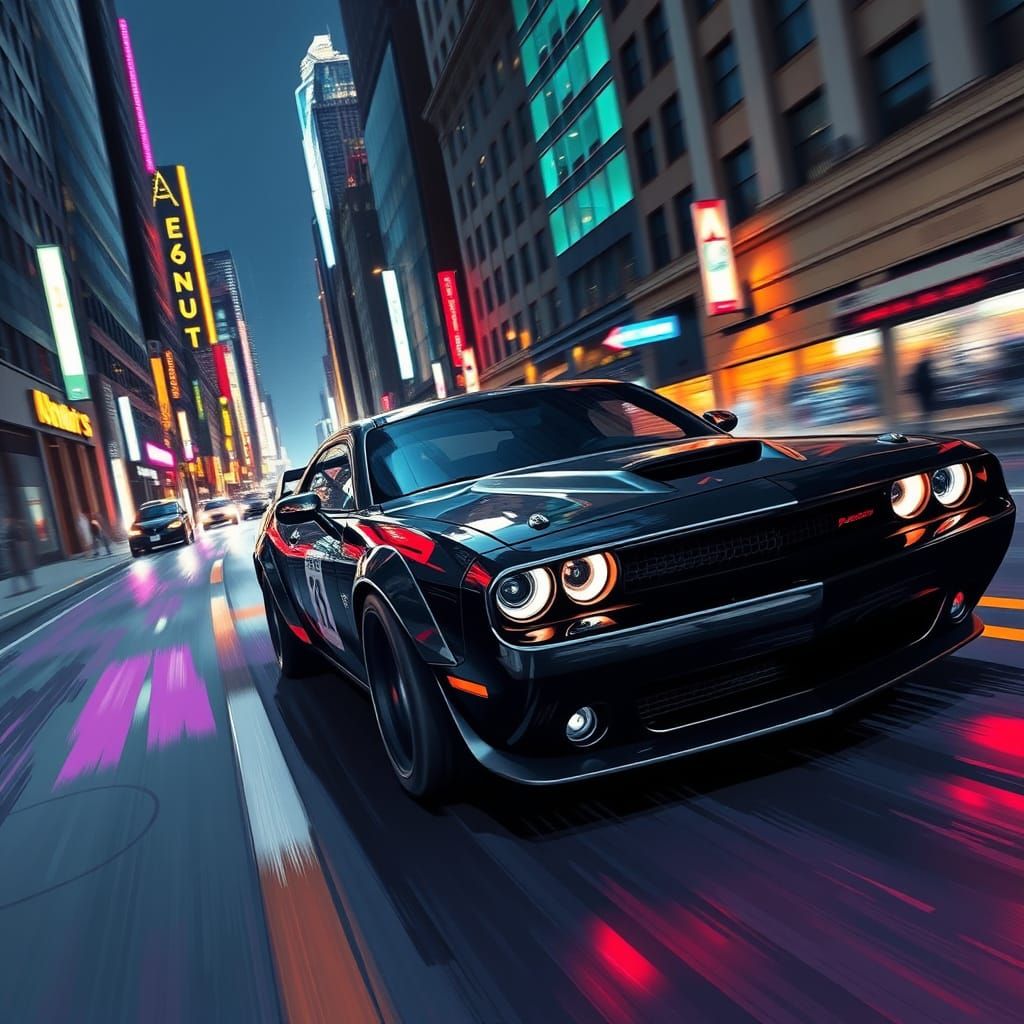 High-Octane Dodge Challenger Speeds Down City Street in Neon...