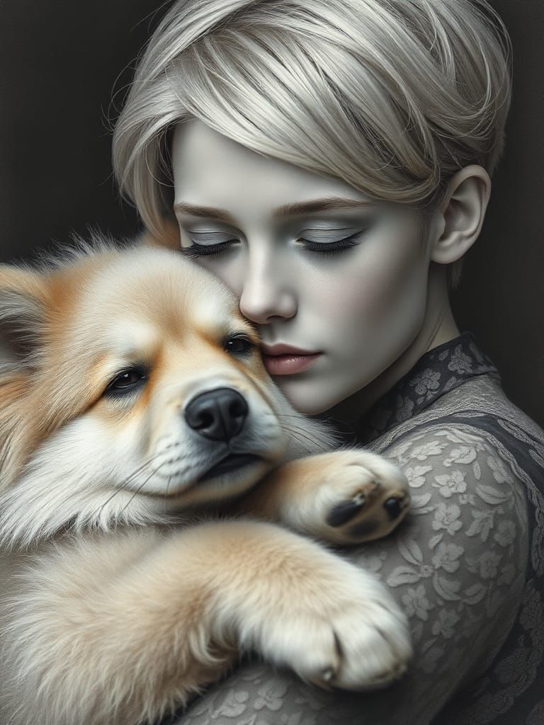Girl with Dog: Detailed Charcoal Portrait
