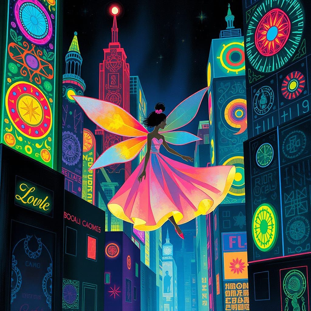 Geometric Fairy in Neon Cityscape: Dadaism and Futurism