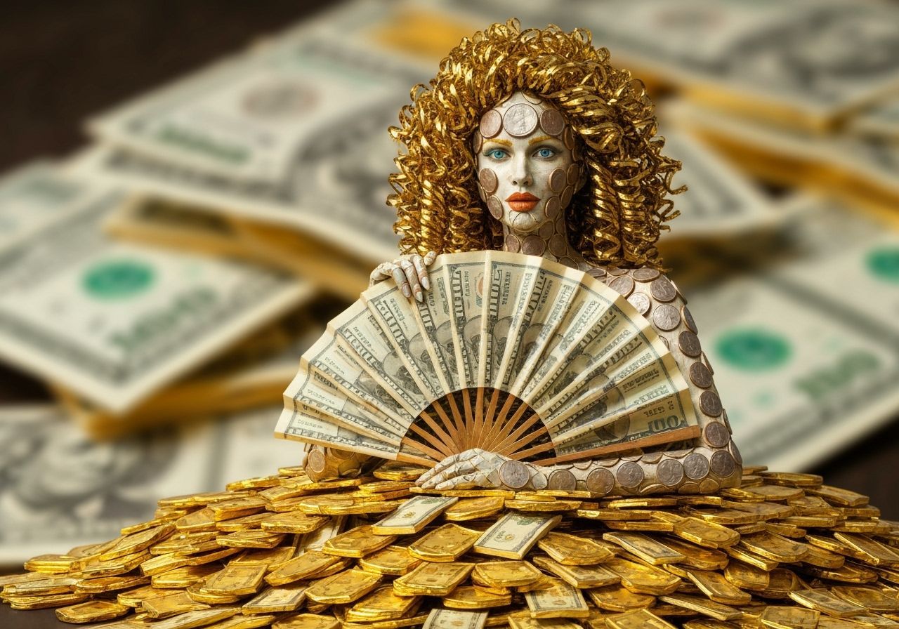 Woman of Money Amidst Gold and Riches