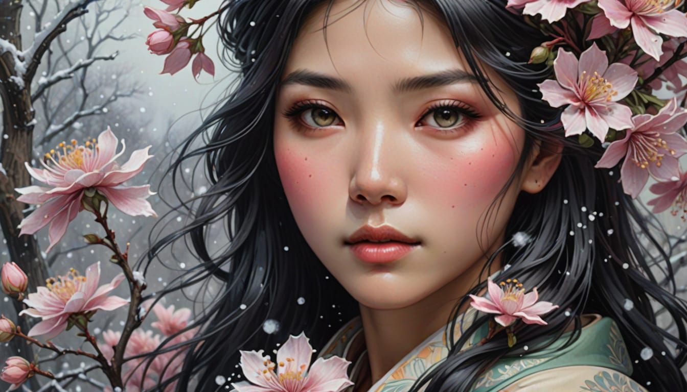 Japanese Girl Portrait in Alphonse Mucha Acrylic Style