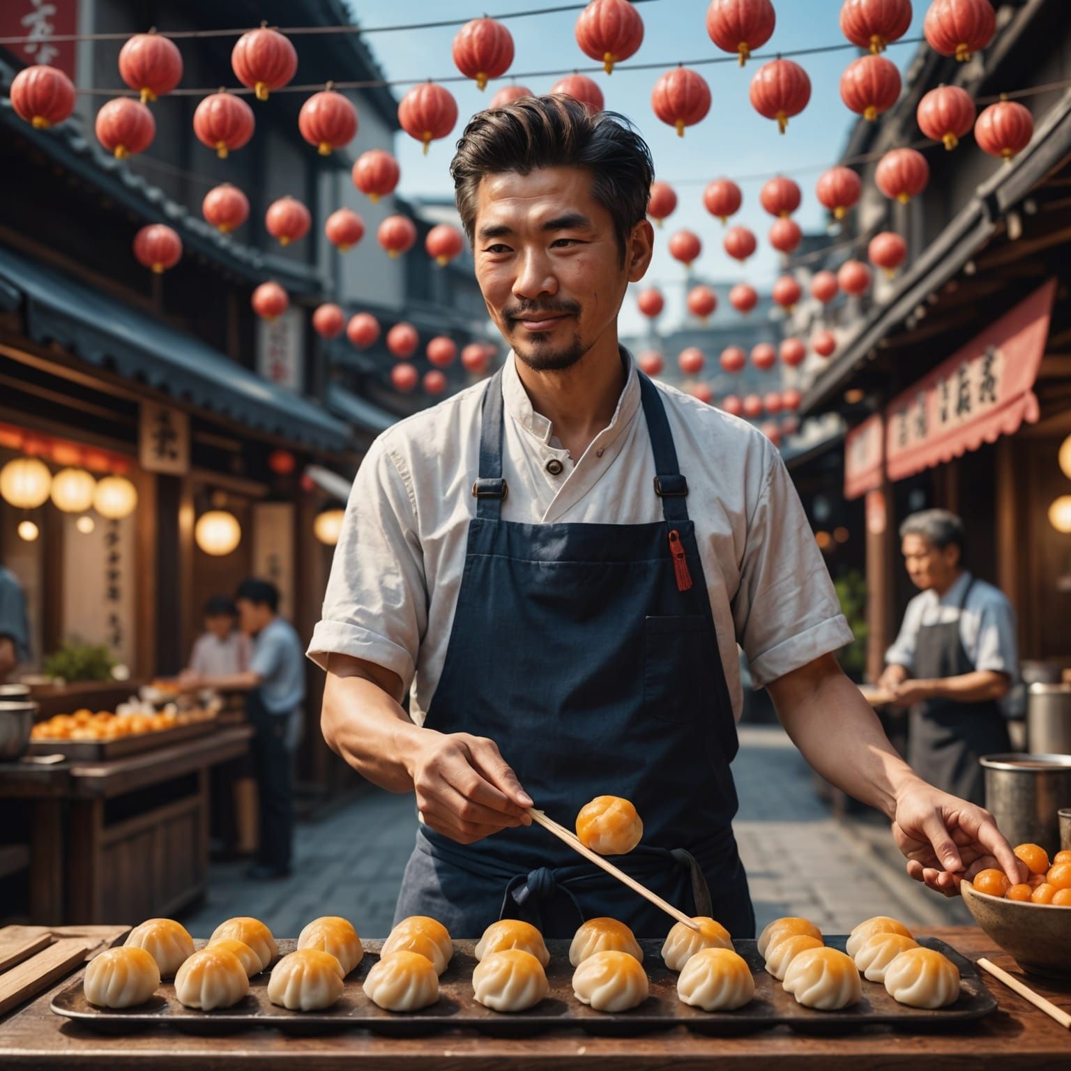 Japanese Street Cook Serving Dango: Fantasy Concept Art
