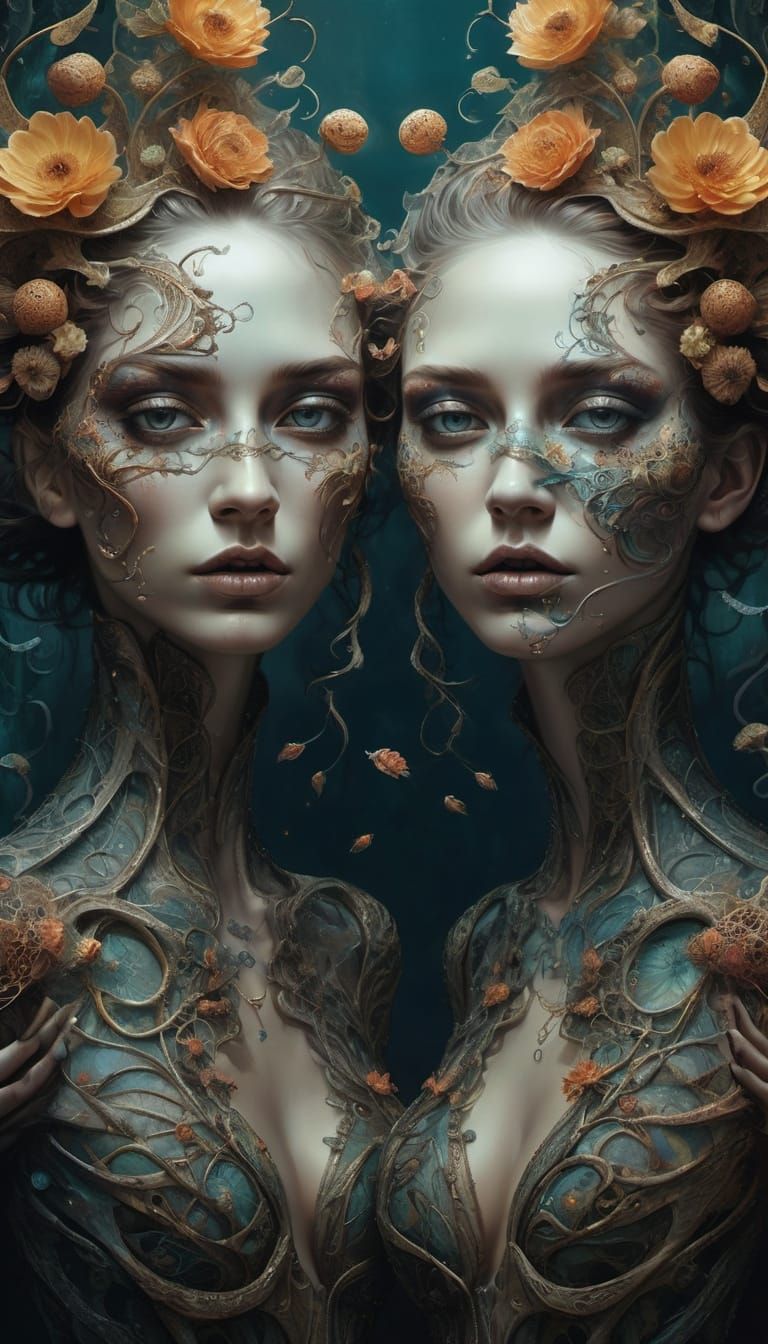 Tonalist Painting of Dancing Androgynes in Ink Flow Style