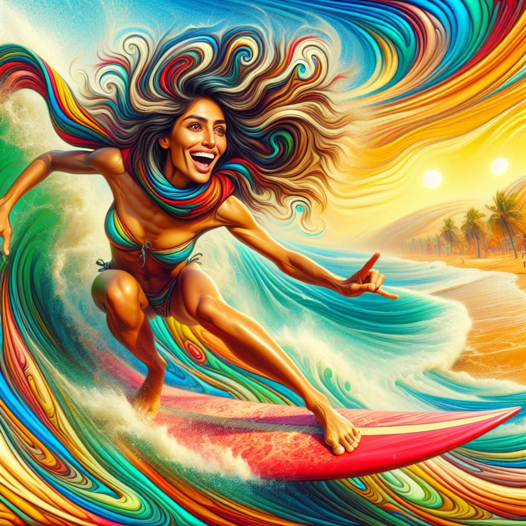Joyous Surfer Woman Caricature on Gigantic Wave