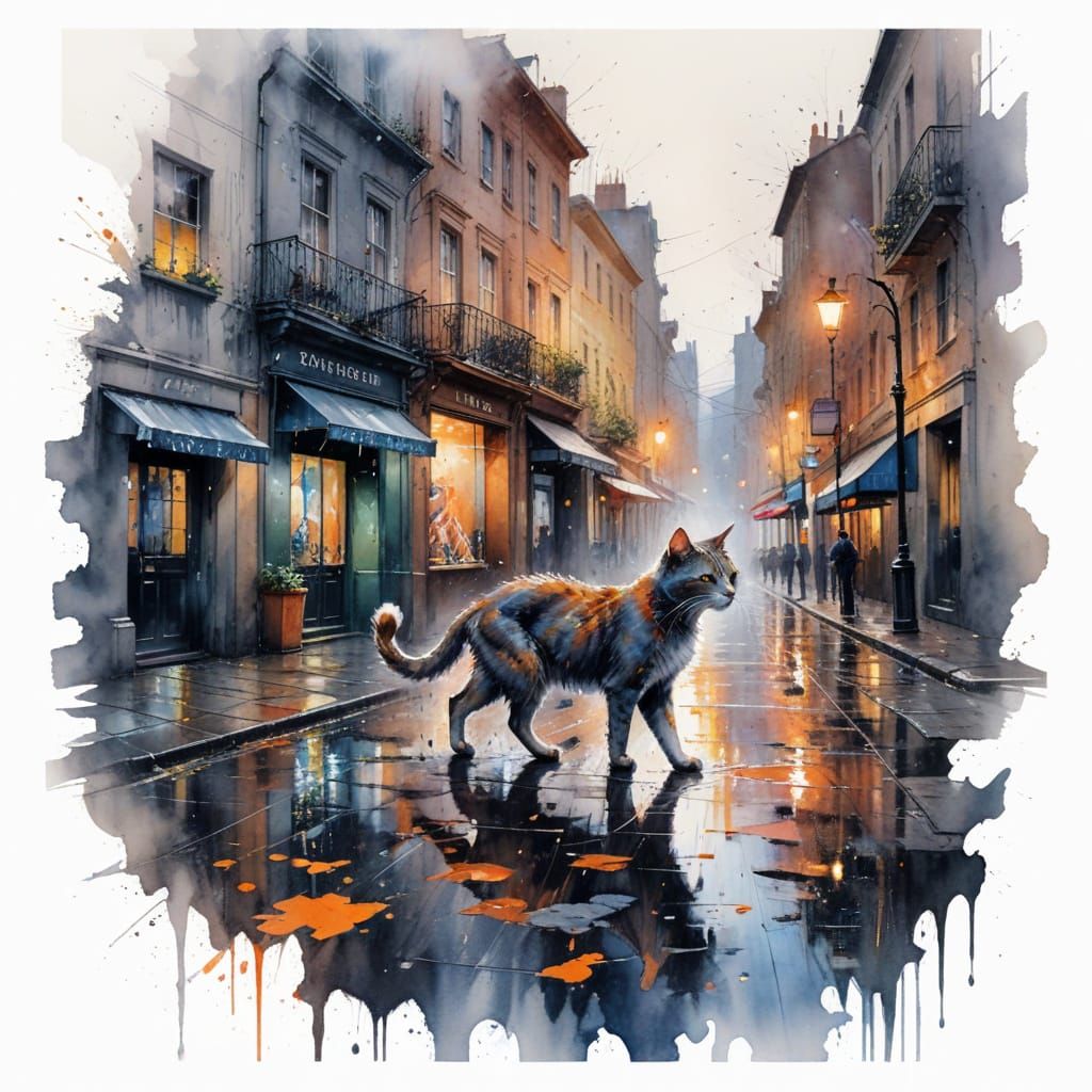 City Cat Slinks Through Rainy Cobblestone Streets in Neon-Li...