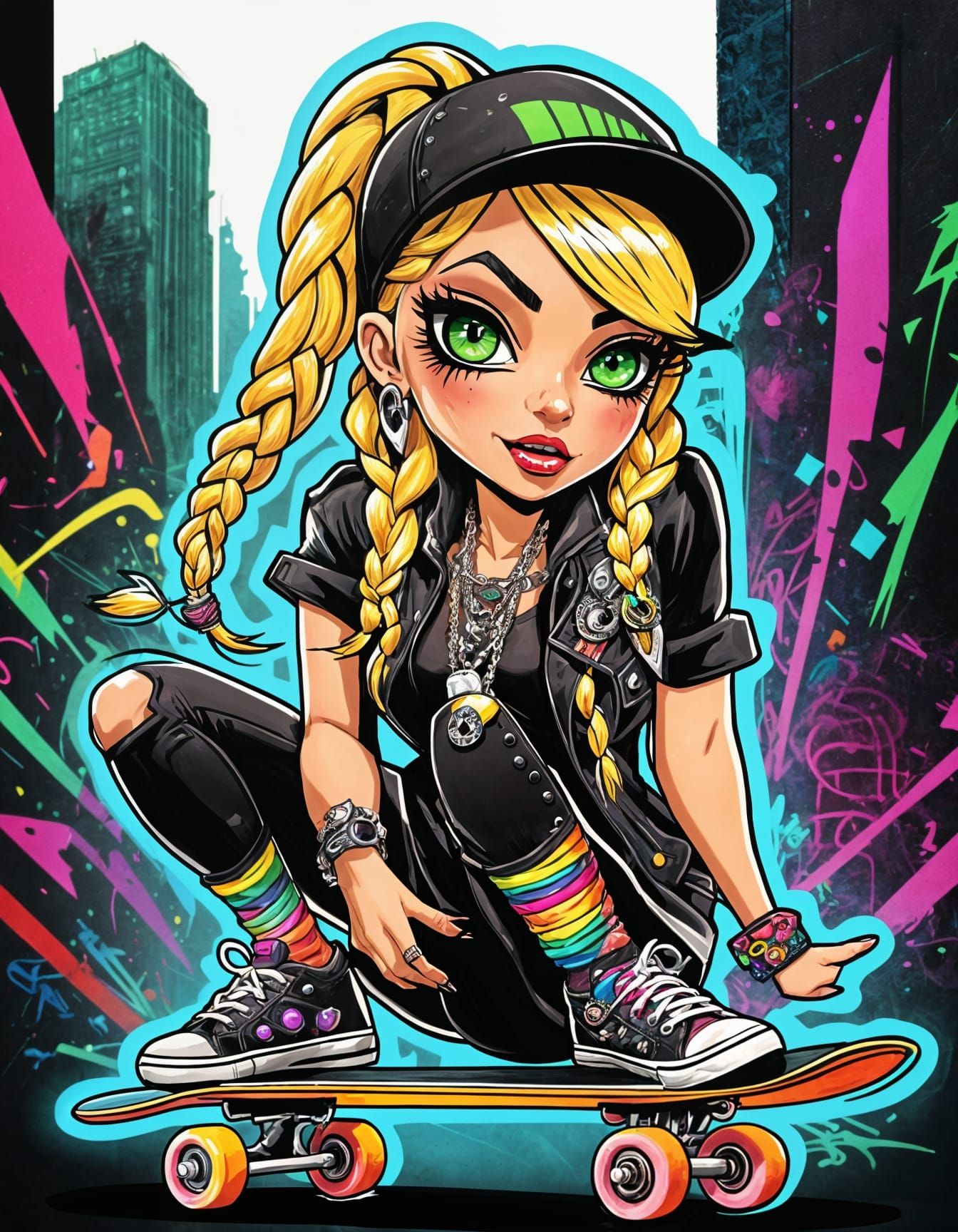 Cartoon Gangster Skater Girl with Graffiti Art