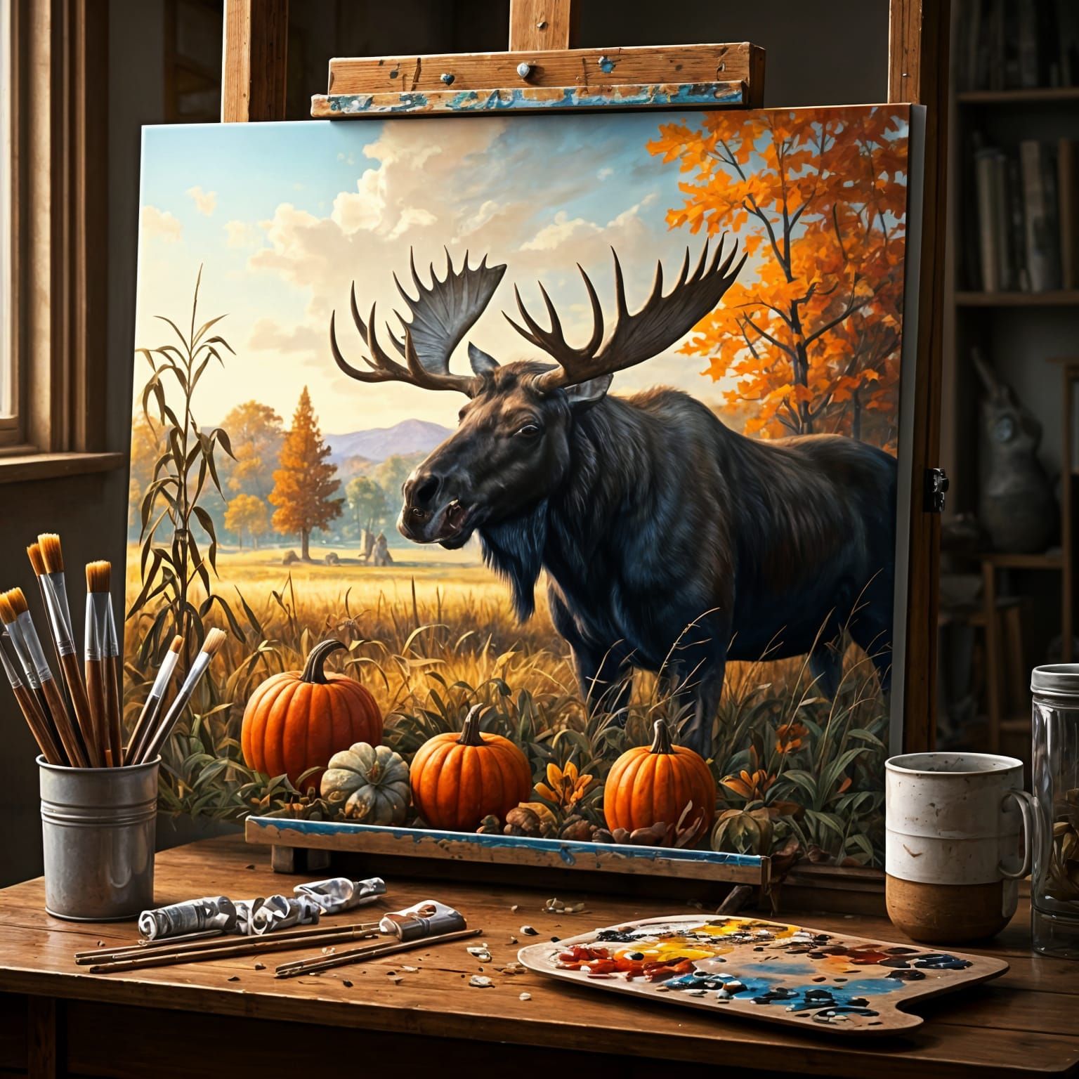 Moose in Autumn Harvest Field Oil Painting