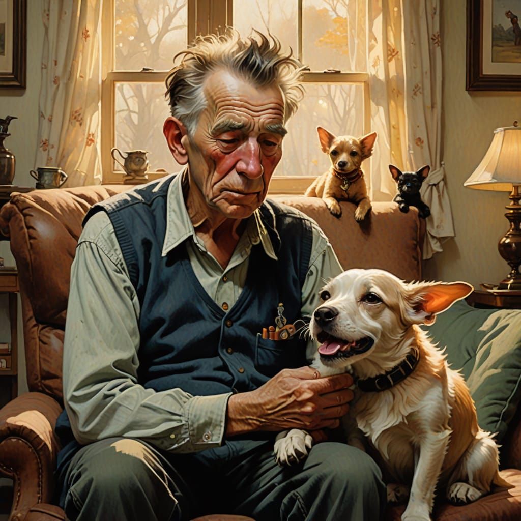 Cozy Scene of Elderly Punk Rocker with Fantasy Pet