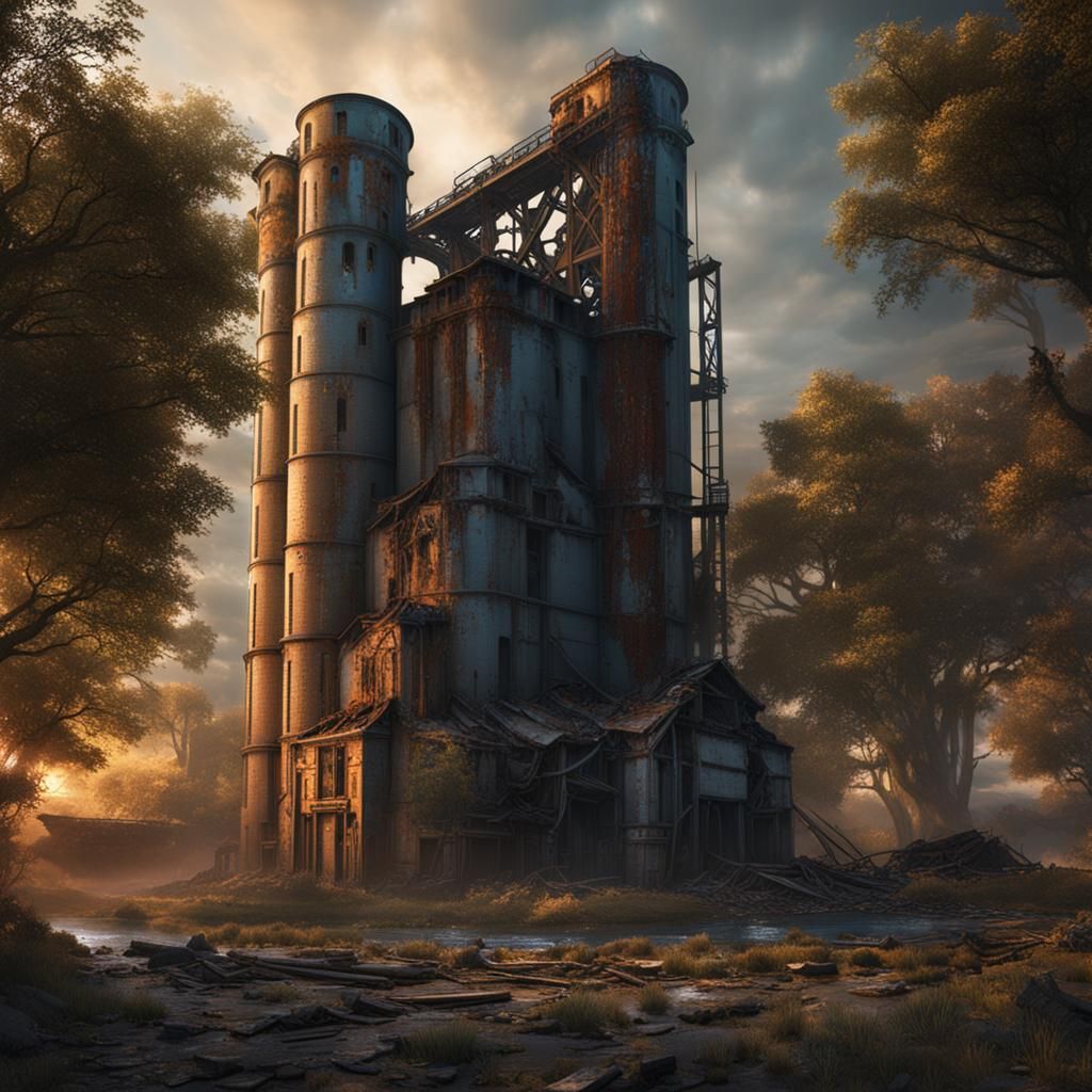 Detailed Matte Painting of Abandoned Grain Elevator