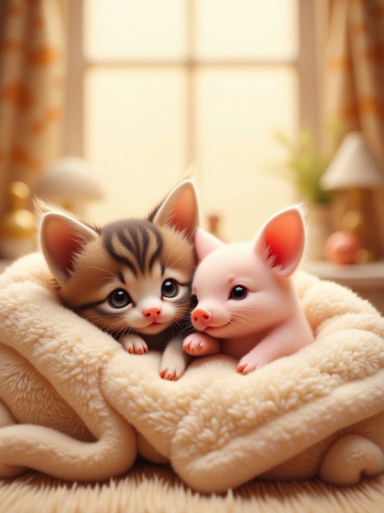 Adorable Kitten and Piglet Snuggle in Cozy Bed