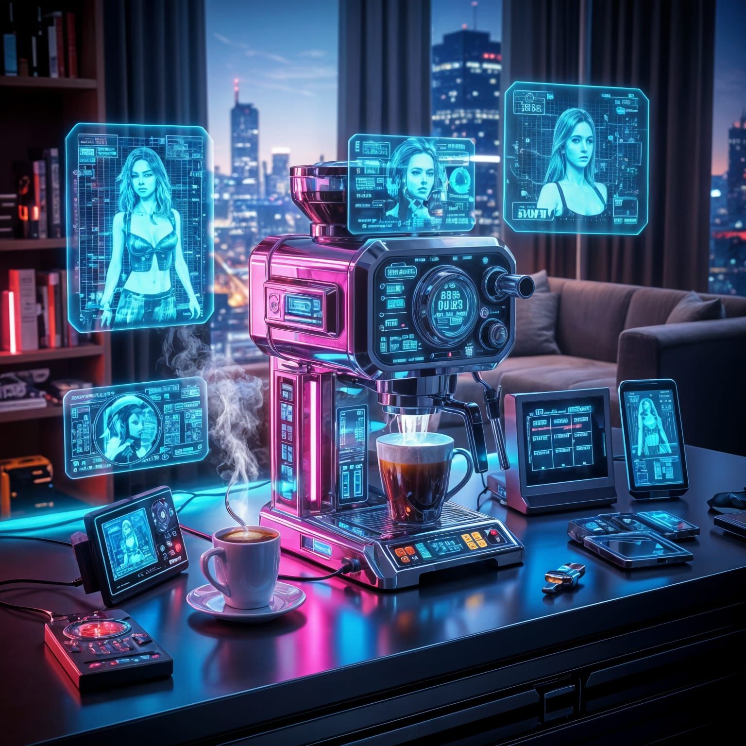Futuristic Chrome Coffee Maker in Cyberpunk Cityscape