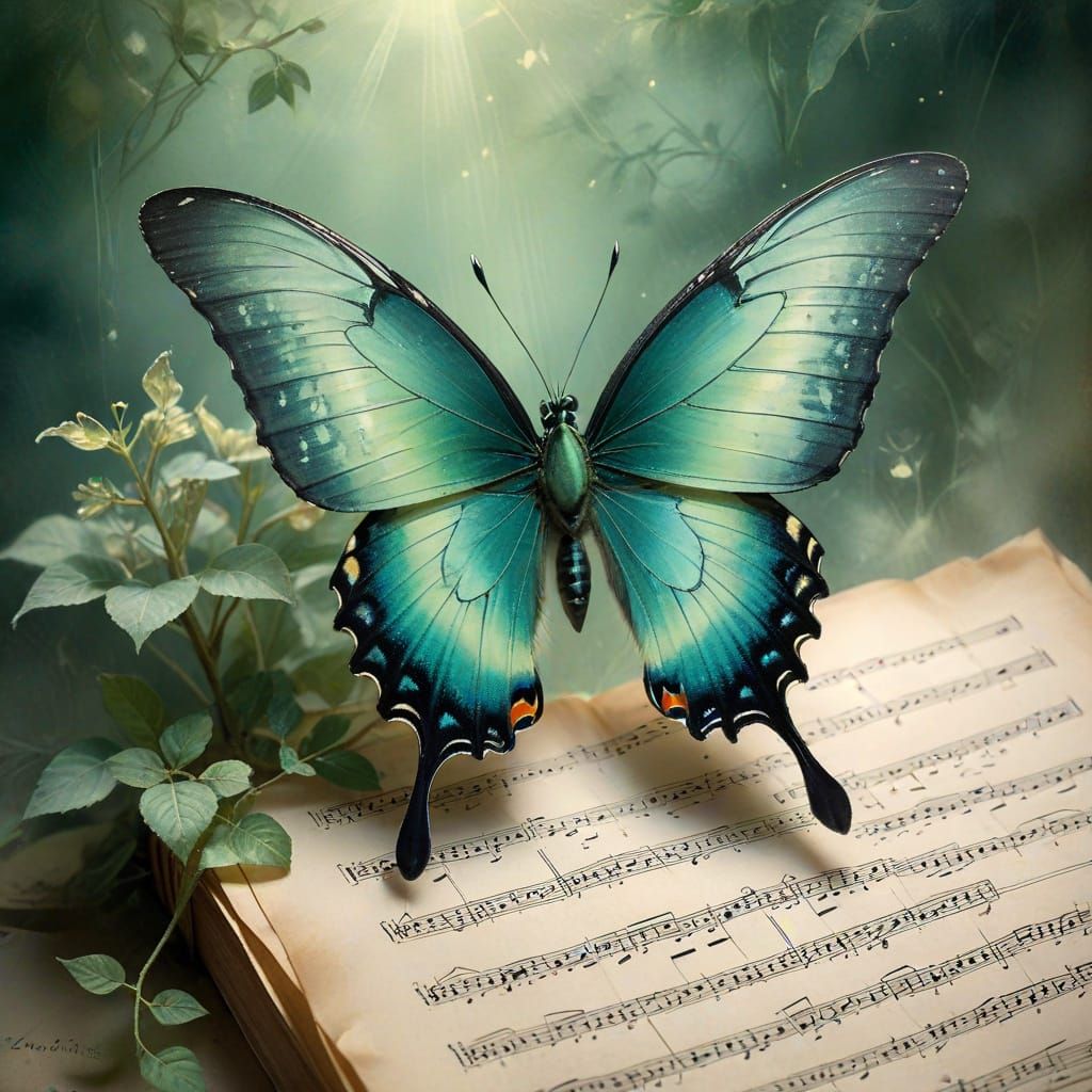 Emerald Butterfly on Faded Music Sheet in Dreamlike Mist