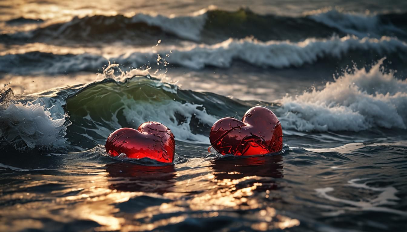 Shipwrecked Red Hearts in Stormy Sea: Macro Photography